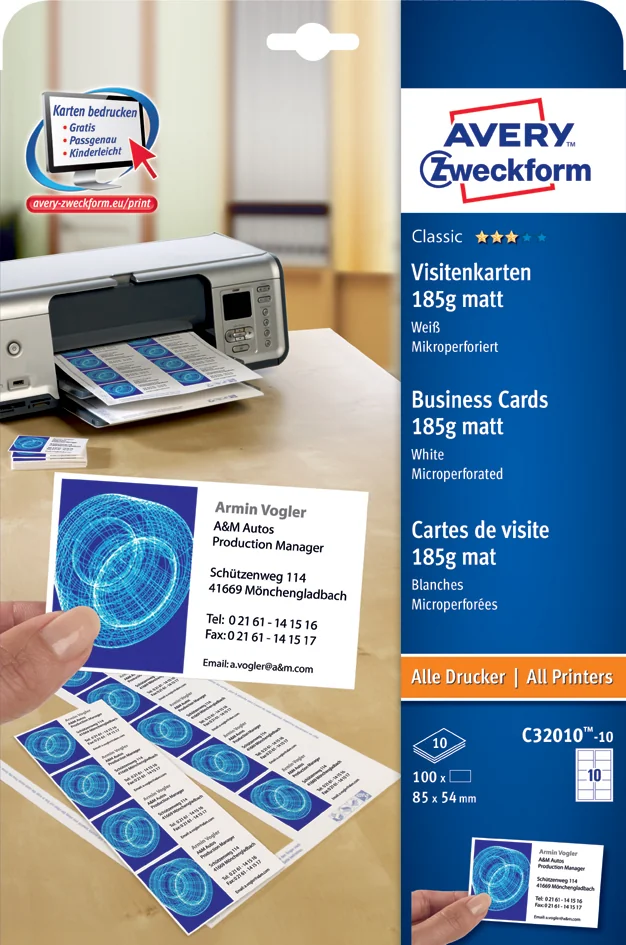AVERY Zweckform Cartes de visite, 85 x 54 mm, blanc - OEM C32010-25