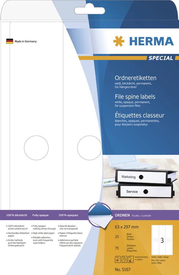 HERMA Etiquette dos de classeur SPECIAL, 63 x 297 mm, blanc - OEM 5167