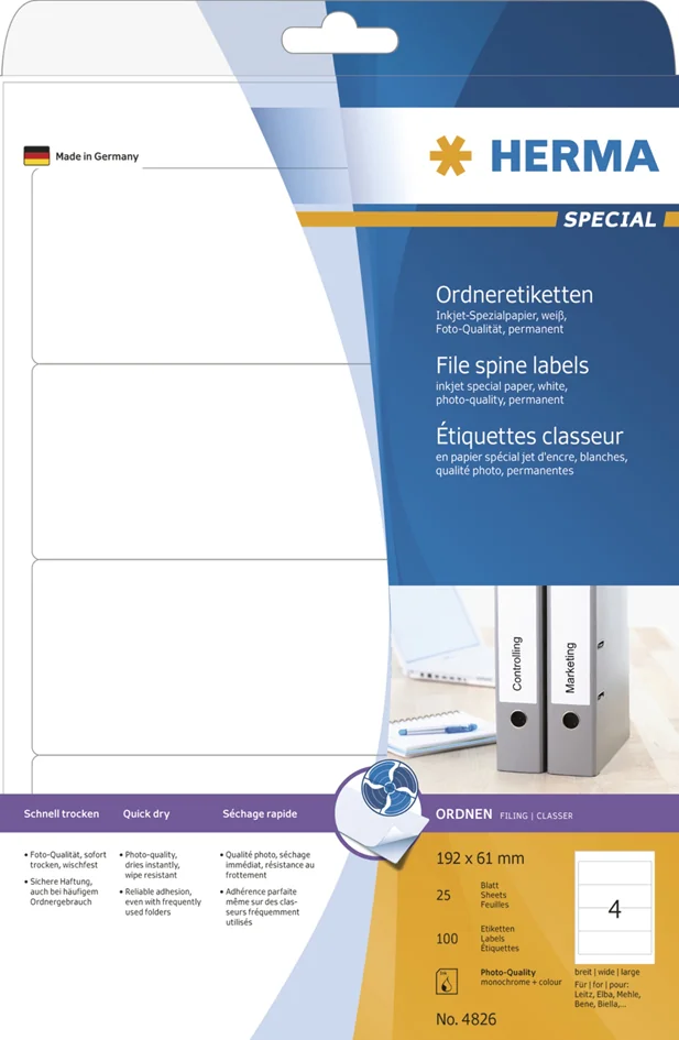 HERMA Etiquette dos de classeur SPECIAL, 192 x 61 mm, blanc - OEM 4826