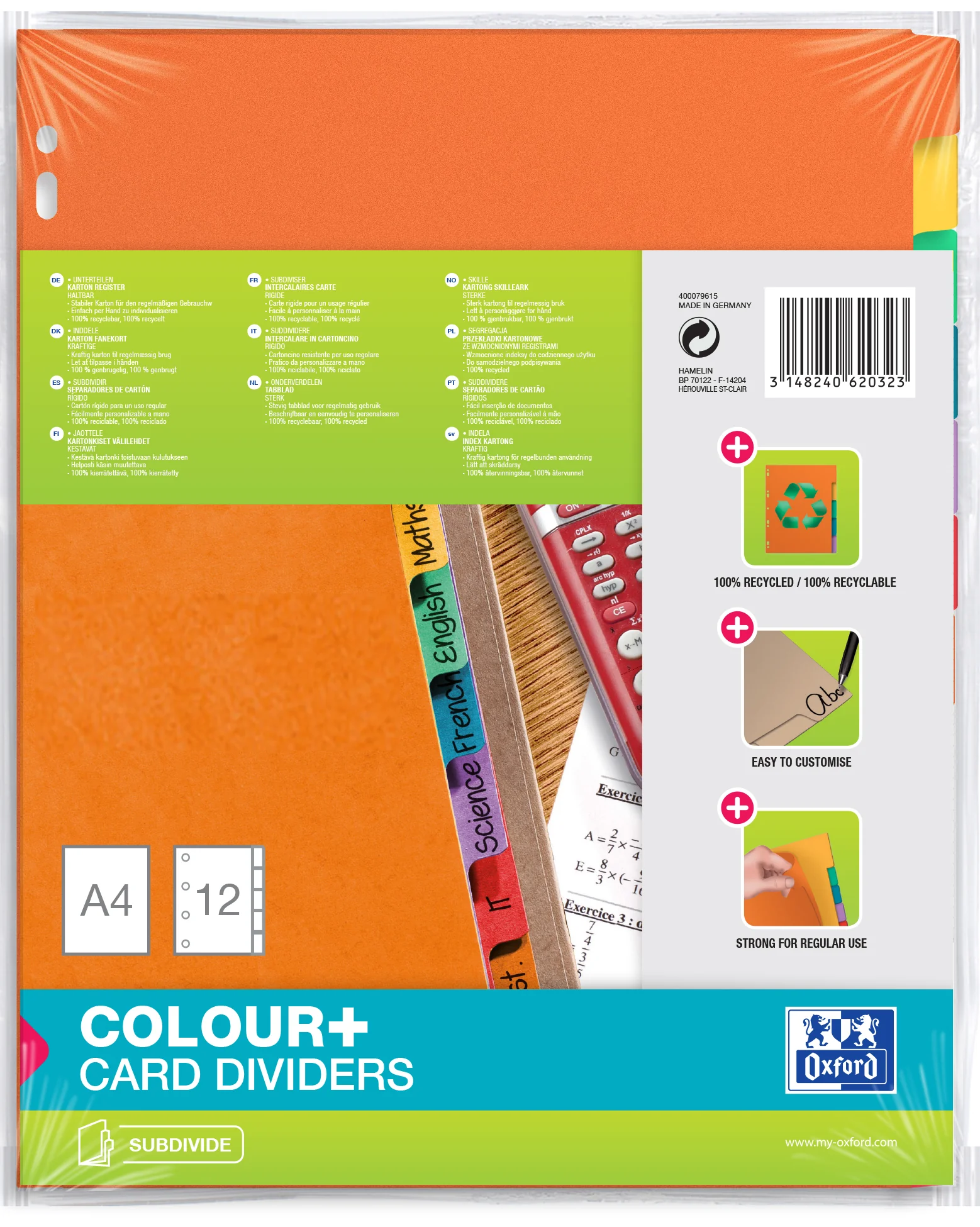 Oxford Intercalaires carton, uni, A4, multicolore, 12 touche - OEM 400079615