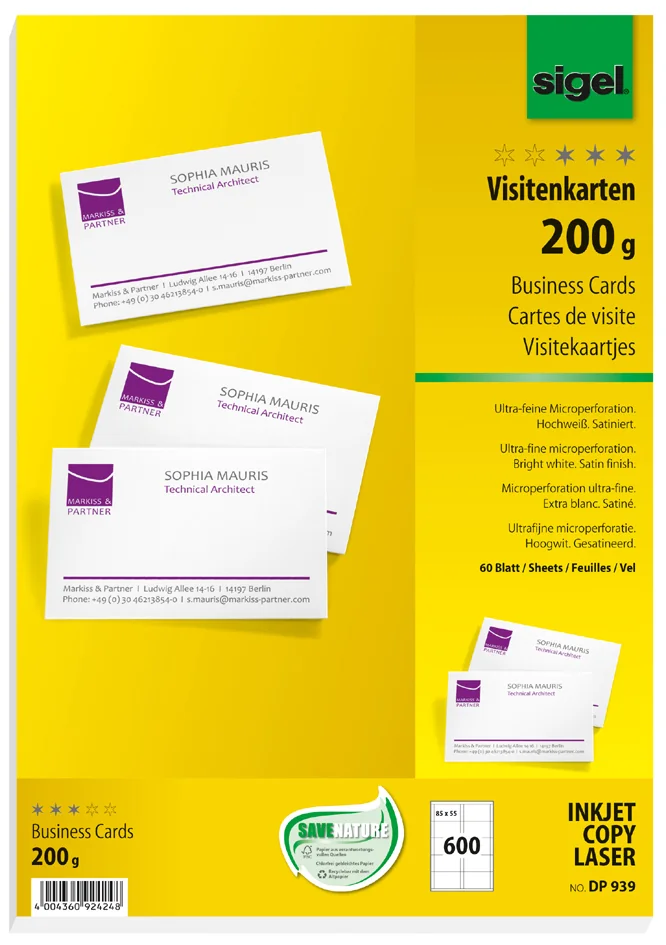 sigel cartes de visite, 85 x 55 mm, 200 g/m2, extra blanc - OEM DP839