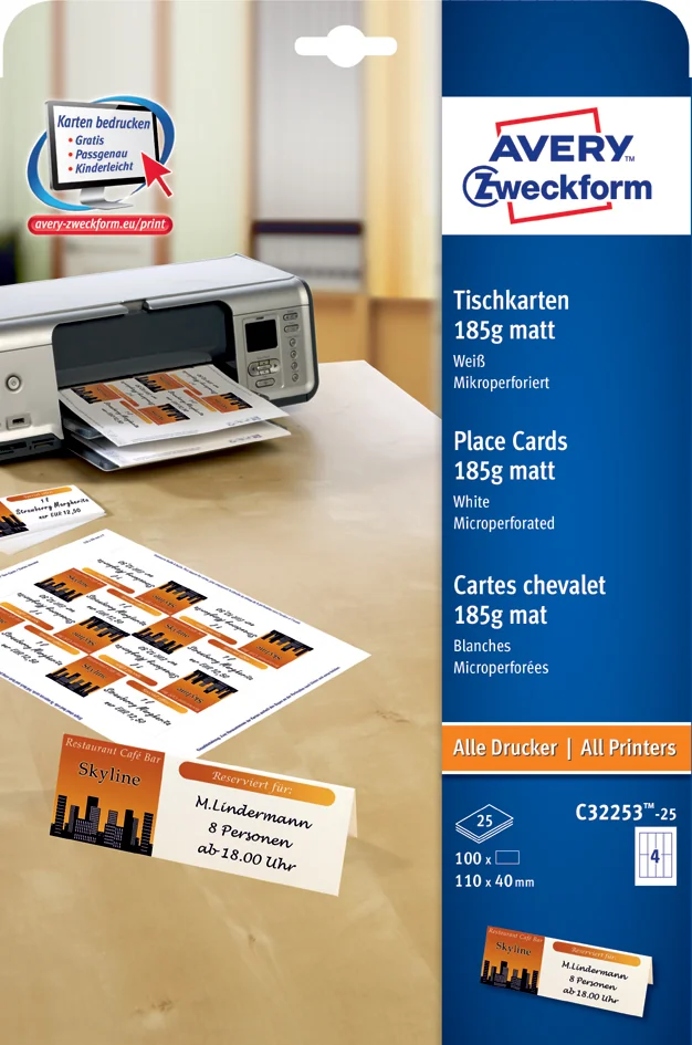 AVERY Zweckform Cartes de noms, imprimante Laser/jet d'encre - OEM C32253-25