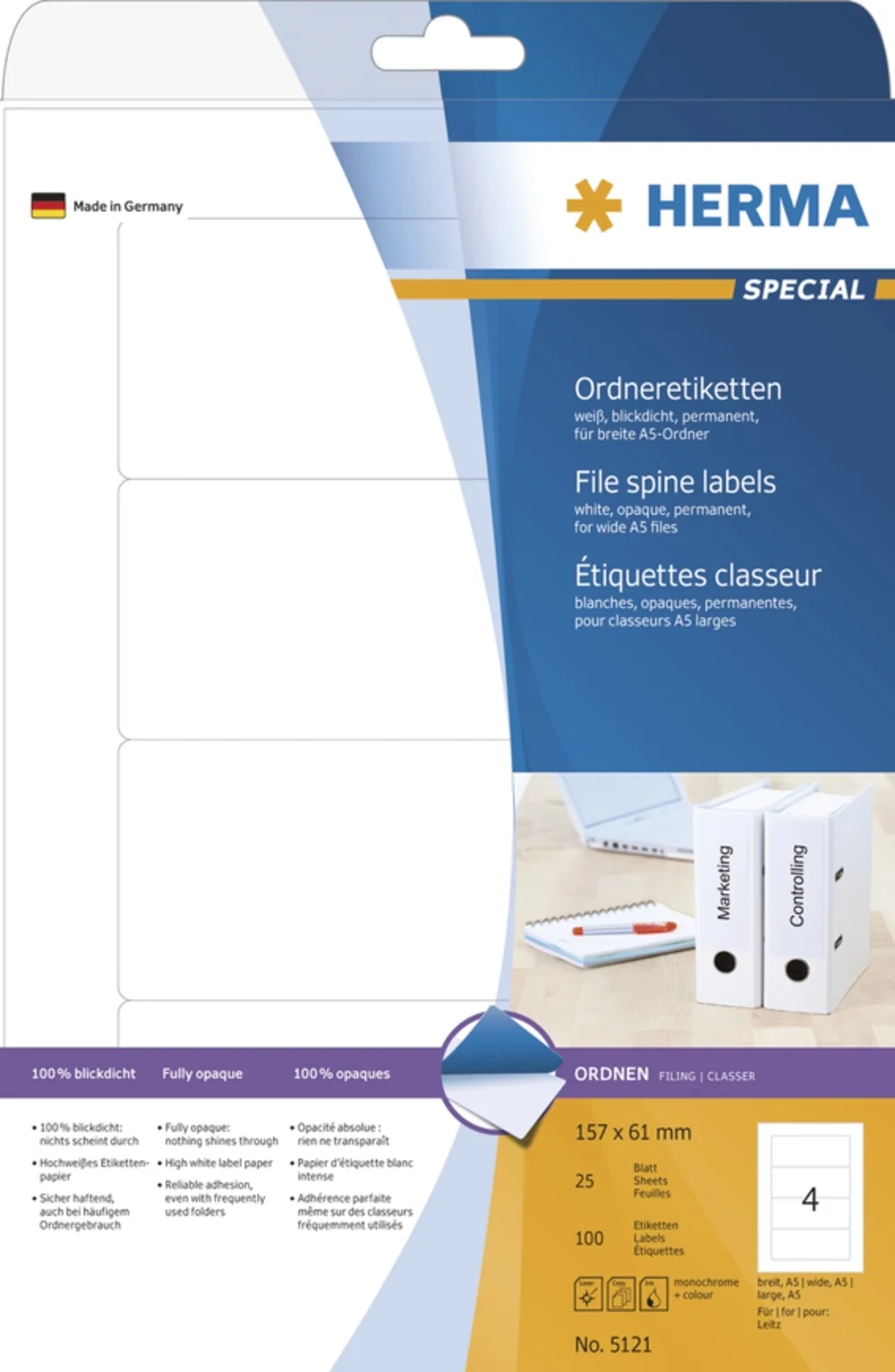 HERMA Etiquette dos de classeurs SPECIAL, 157 x 61 mm, blanc - OEM 5121
