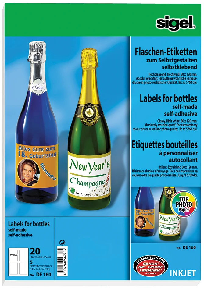 sigel Etiquette pour bouteilles, 80 x 120 mm, 85 g/m2 - OEM DE160