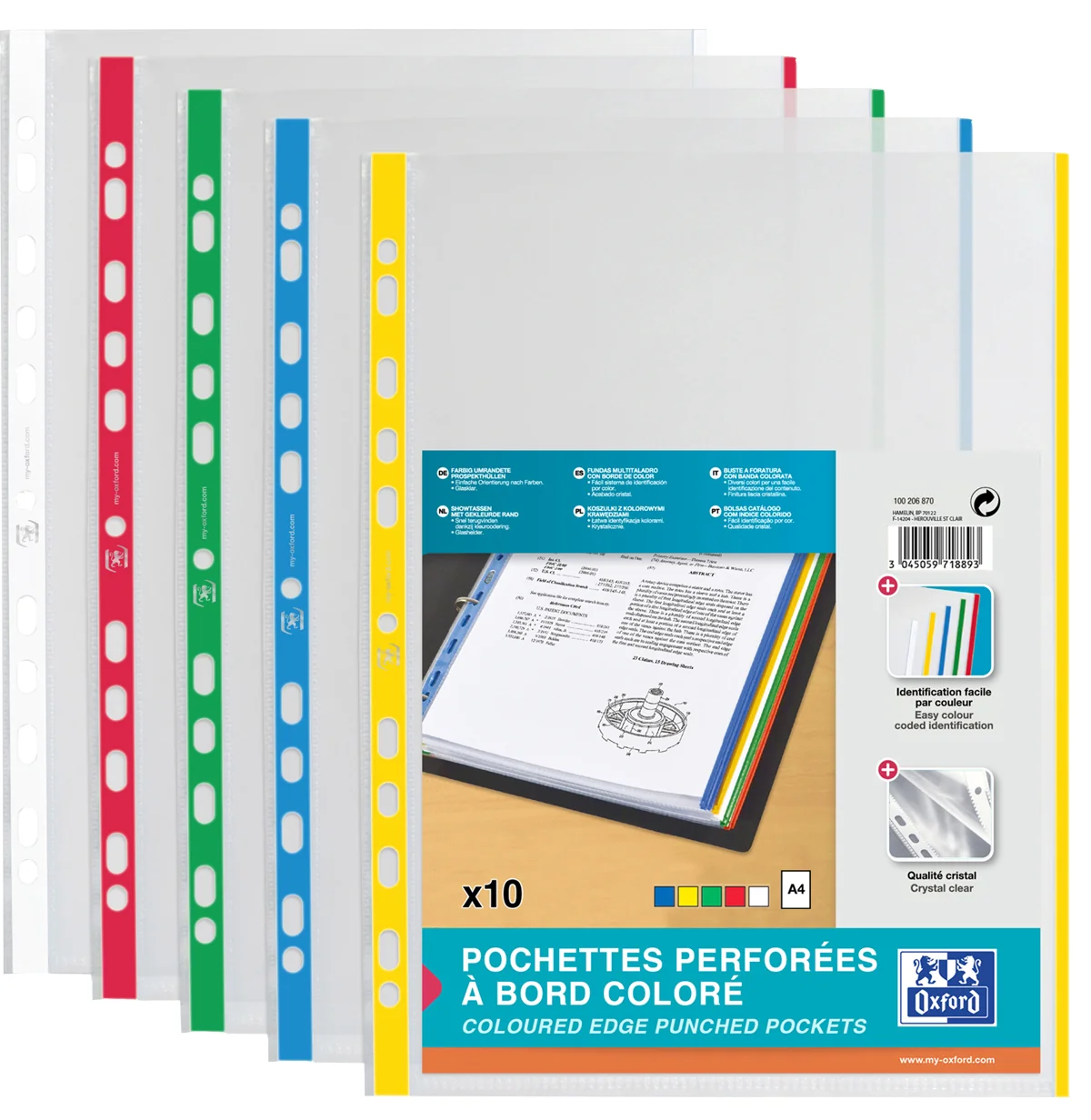 Oxford Pochettes perforées, format A4, avec bande colorée - OEM 100206876