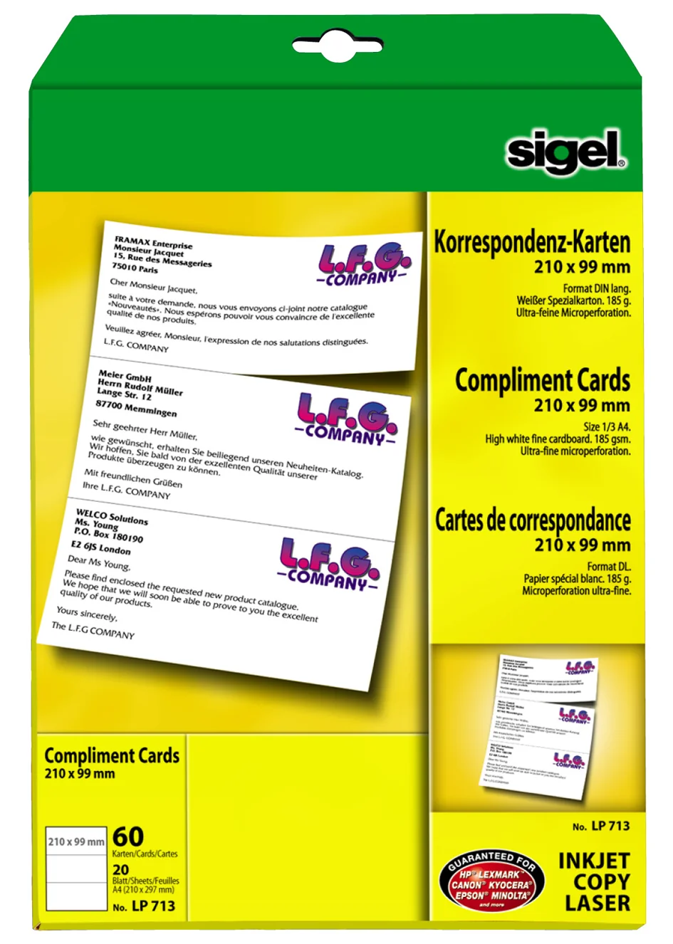 sigel cartes de correspondance PC, format DL, 185g/m2, blanc - OEM LP713