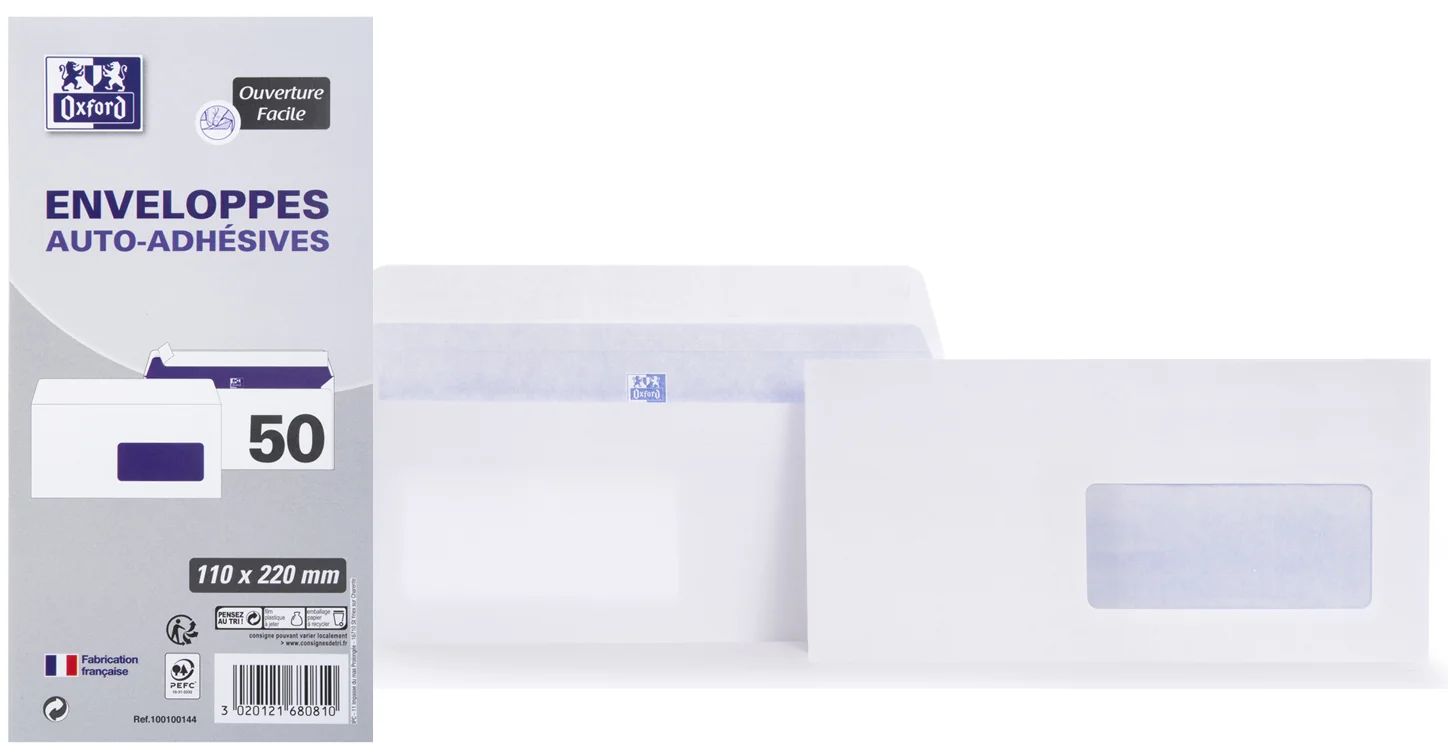 Oxford Enveloppes, DL, 110 x 220 mm, 80 g, auto-adhésives - OEM 100100144