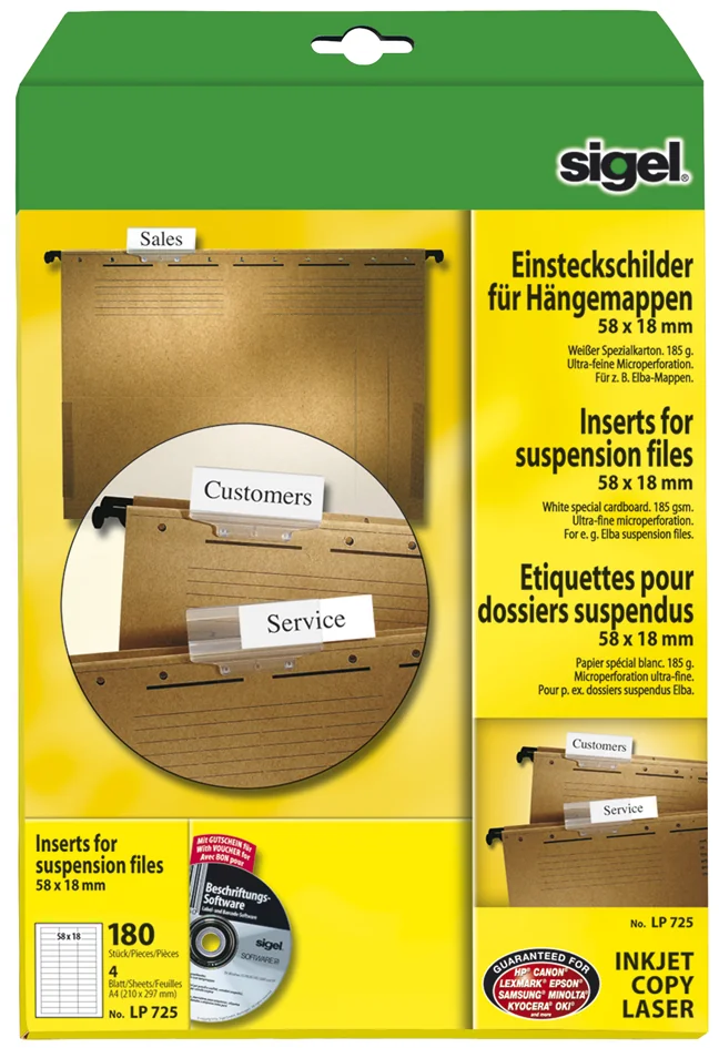 sigel Etiquettes PC pour dossiers suspendus, 58 x 18 mm - OEM LP725