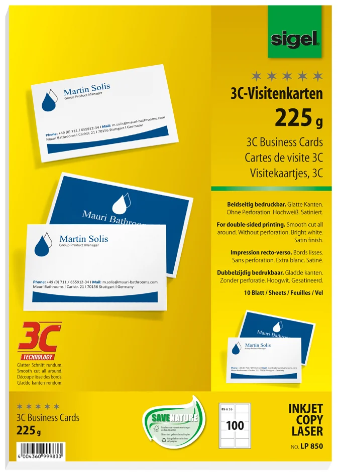 sigel Cartes de visite 3C, 85 x 55 mm, 225 g/m2, extra blanc - OEM LP850