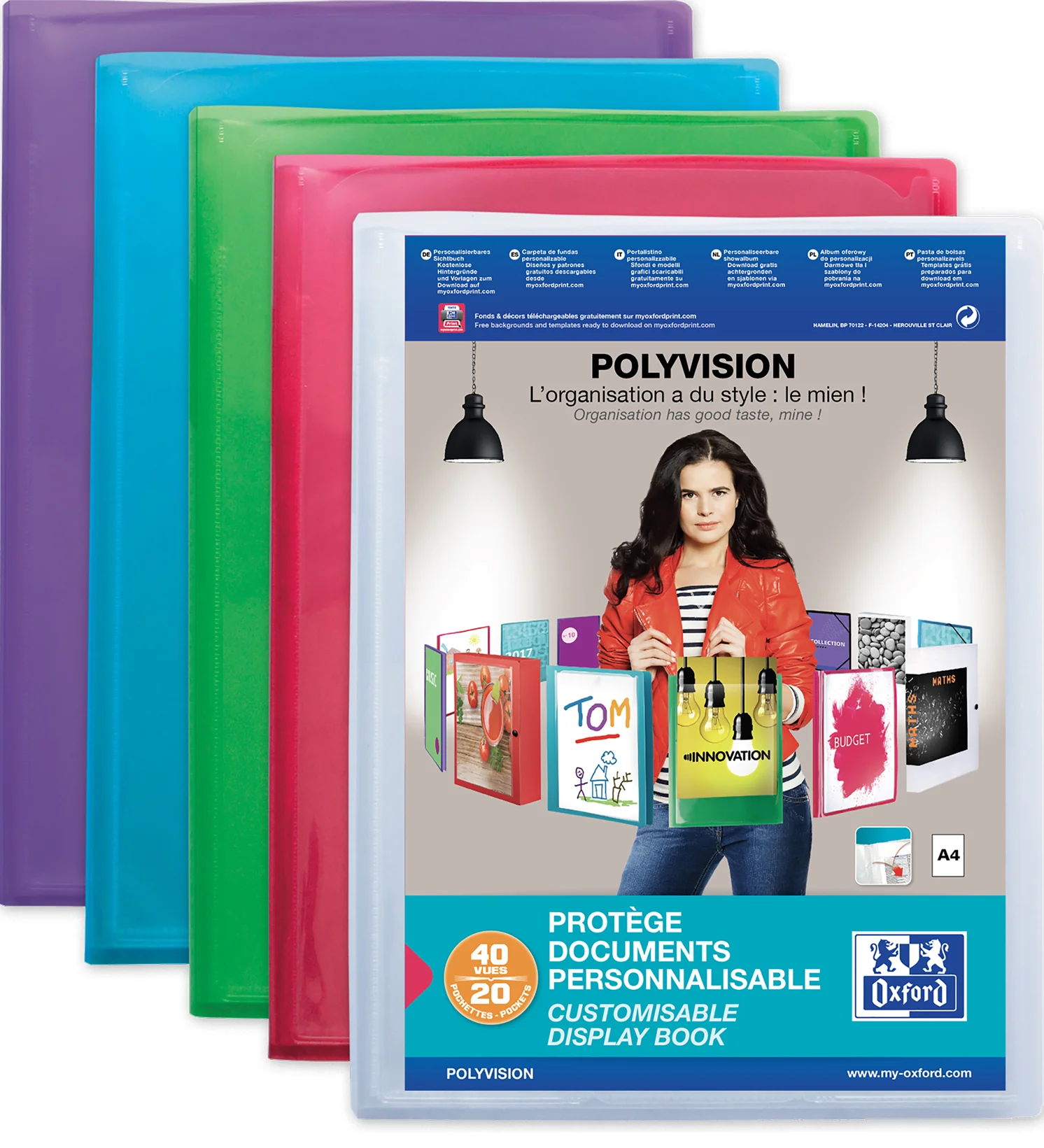 Oxford Protège-documents POLYVISION, 80 pochettes, assorti - lot de 10 - OEM 100211078