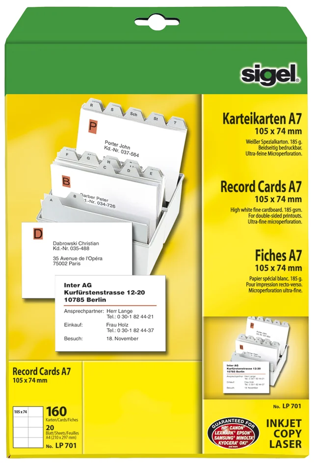 sigel Fiches bristol, A7 (A4), 185 g/m2, microperforation - OEM LP701