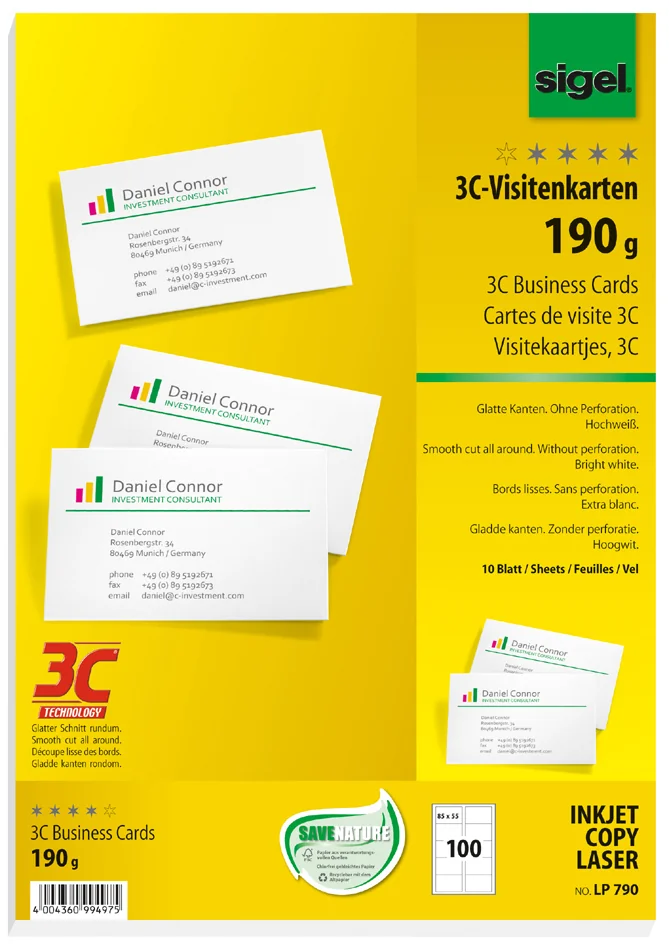 sigel Cartes de visite 3C, 85 x 55 mm, 250 g/m2, extra blanc - OEM LP802