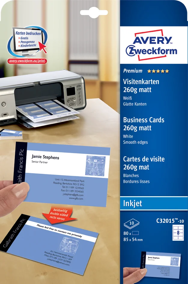 AVERY Zweckform Cartes de visite Quick & Clean, mat,260 g/m2 - OEM C32015-10