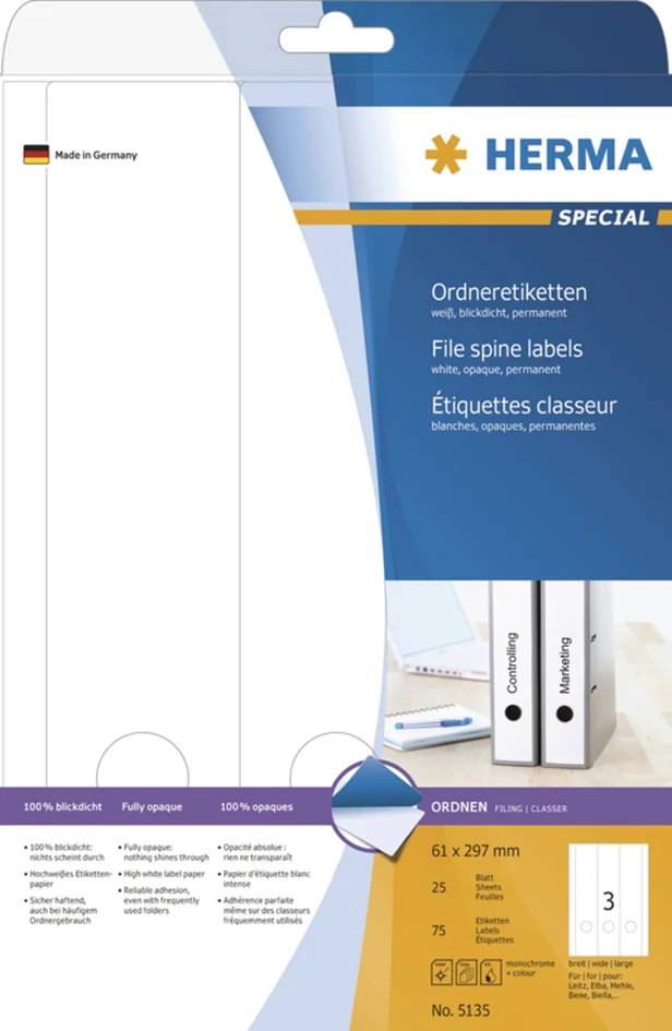 HERMA Etiquette dos de classeur SPECIAL, 61 x 297 mm, blanc - OEM 5135