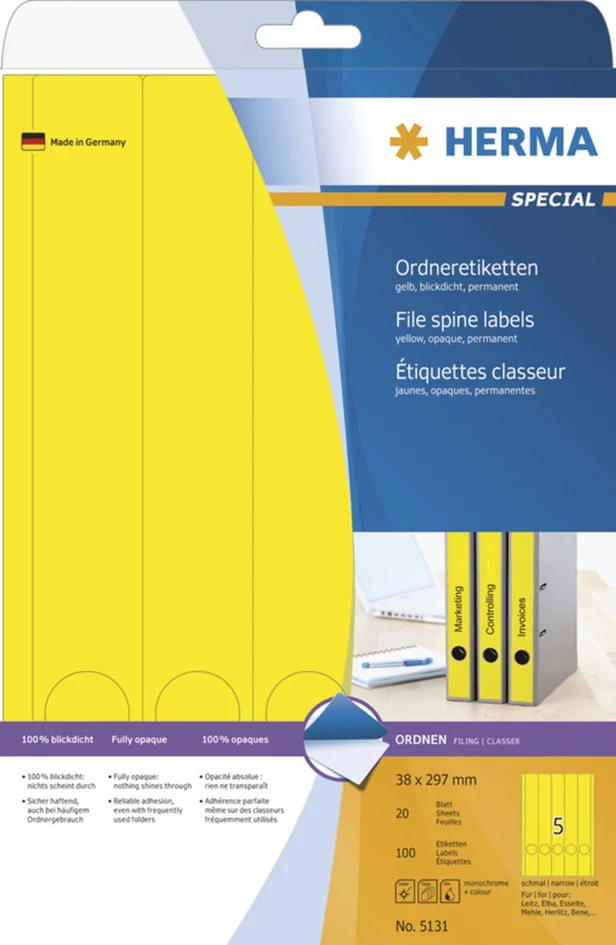 HERMA Etiquette dos de classeur SPECIAL, 38 x 297 mm, jaune - OEM 5131