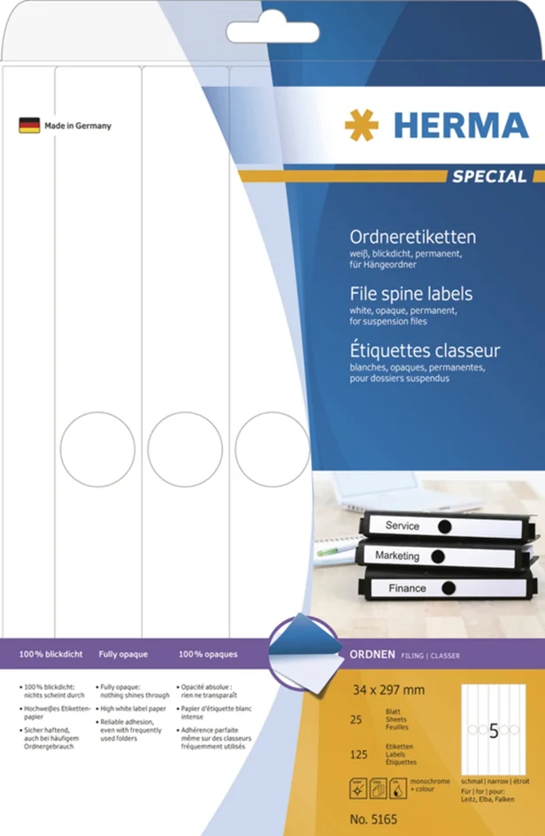 HERMA Etiquette dos de classeur SPECIAL, 34 x 297 mm, blanc - OEM 5165