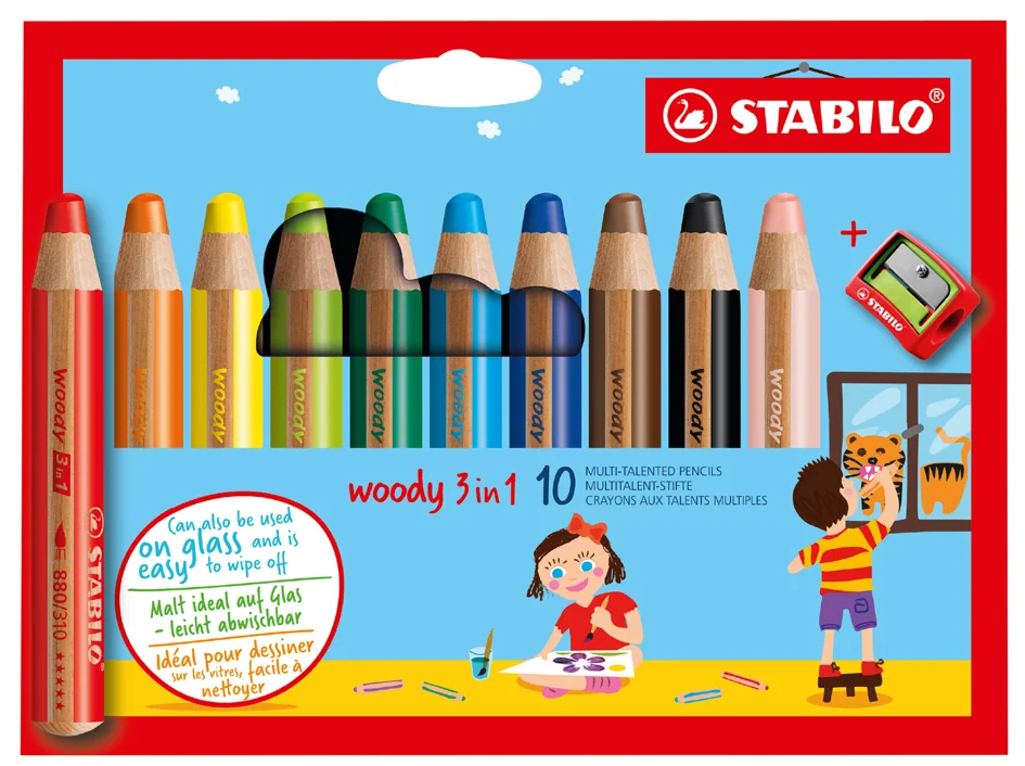 STABILO Crayon multi-talents woody 3 en 1, étui carton de 6 - OEM 880/6