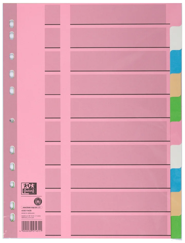 Oxford Intercalaires en carton, uni, A4, couleur, 10 touches - OEM 400011409