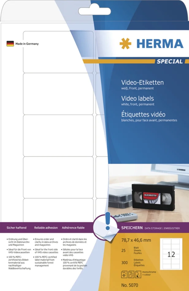 HERMA Etiquette pour cassettes vidéo SPECIAL, 147,3 x 20 mm - OEM 5069