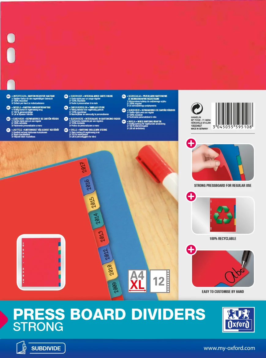 Oxford Intercalaires en carton, uni, A4 Max, 12 touches - OEM 100204927
