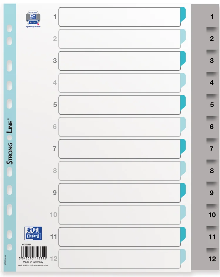 Oxford Intercalaires en plastique, numérique, A4+, gris - OEM 400033989