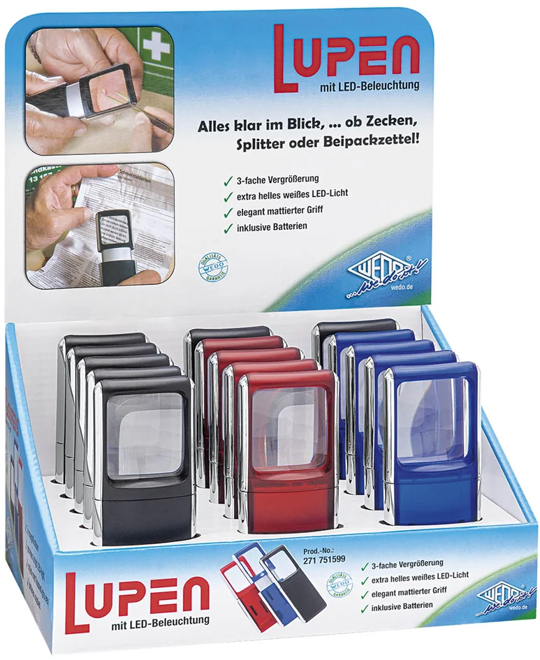 WEDO Loupe rectangulaire avec lampe LED, présentoir de 15 - lot de 15 - OEM 271 751599