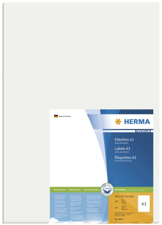 HERMA Etiquette universelle PREMIUM, 297 x 420 mm, blanc - OEM 8692