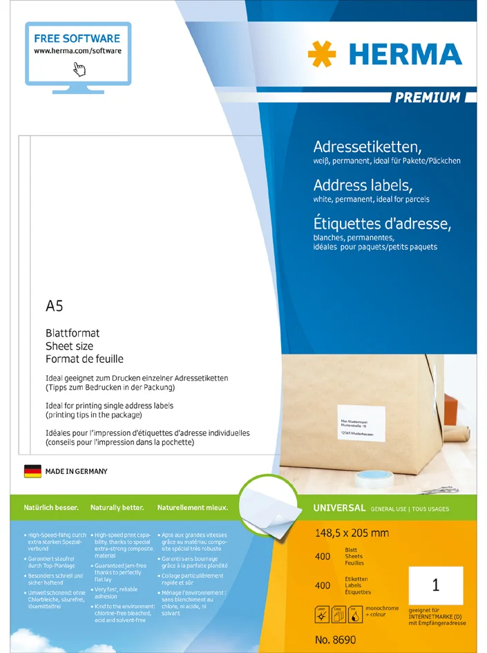 HERMA Etiquette universelle PREMIUM, 148,5 x 105 mm, blanc - OEM 8691