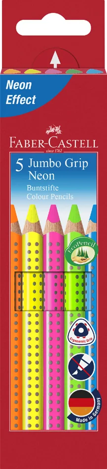 FABER-CASTELL Crayons couleur Jumbo GRIP Neon, 5 étui carton - OEM 110994