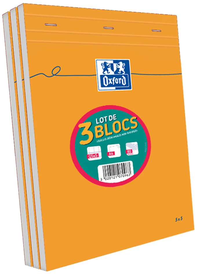 Oxford Bloc-notes, A4, quadrillé, 80 feuilles, lot de 3 - OEM 400139963