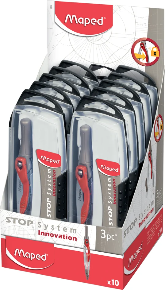 Maped Boîte de compas Stop System, 3 pièces, présentoir 10 - lot de 10 - OEM 196310