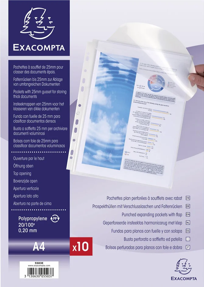 EXACOMPTA Pochette à soufflet perforée avec rabat, A4, PP - OEM 5503E