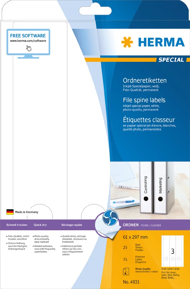 HERMA Etiquette dos de classeur SPECIAL, 297 x 61 mm, blanc - OEM 4831