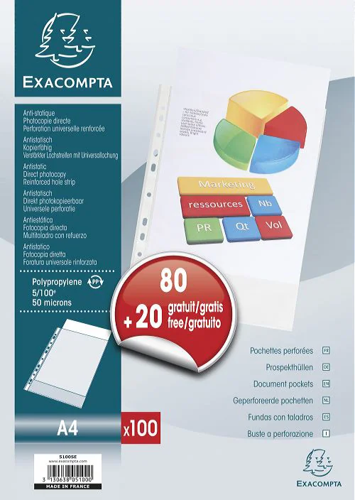 EXACOMPTA Pochette perforée, A4, pack promo 80 + 20 GRATUIT - OEM 5100SE