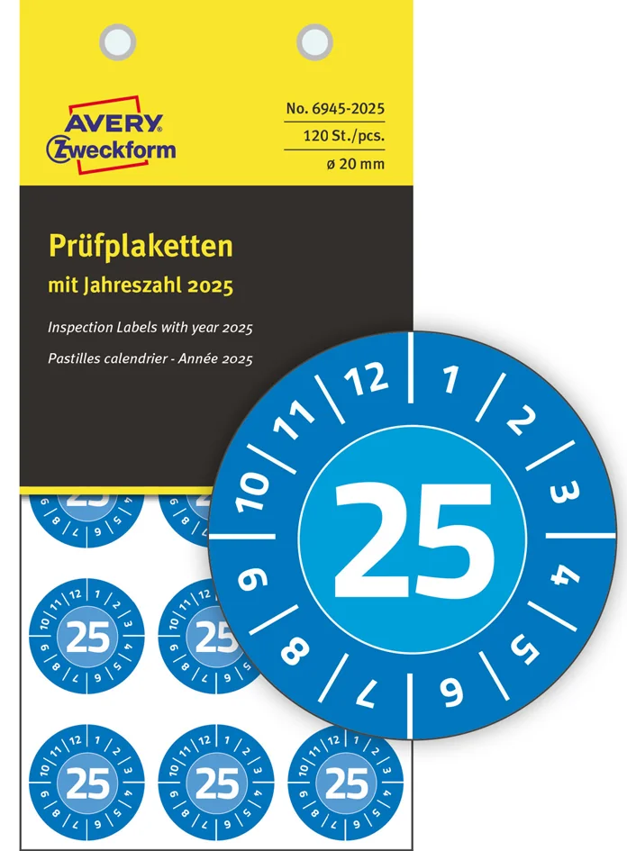 AVERY Zweckform Pastille calendrier 2025 NoPeel, 20 mm, bleu - OEM 6945-2025
