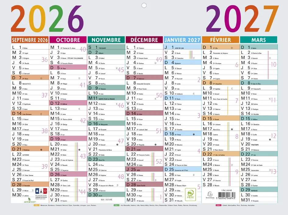 EXACOMPTA Calendrier Multicolore, 2026/2027, 295 x 220 mm - OEM 34310E
