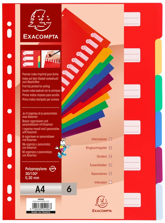 EXACOMPTA Intercalaires en plastique, uni, A4, 6 touches - OEM 4906E
