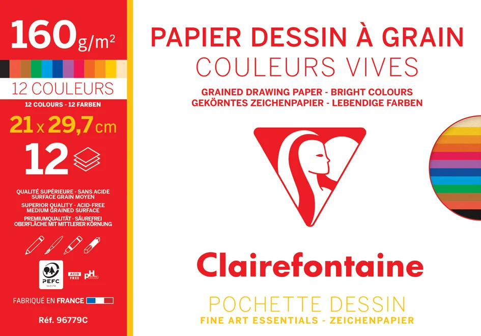 Clairefontaine Papier dessin 'à Grain', A3, couleurs vives - OEM 96773C