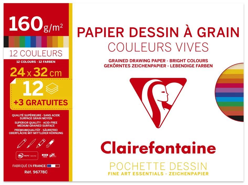 Clairefontaine Papier dessin 'à Grain' couleur, pack promo - OEM 96778C