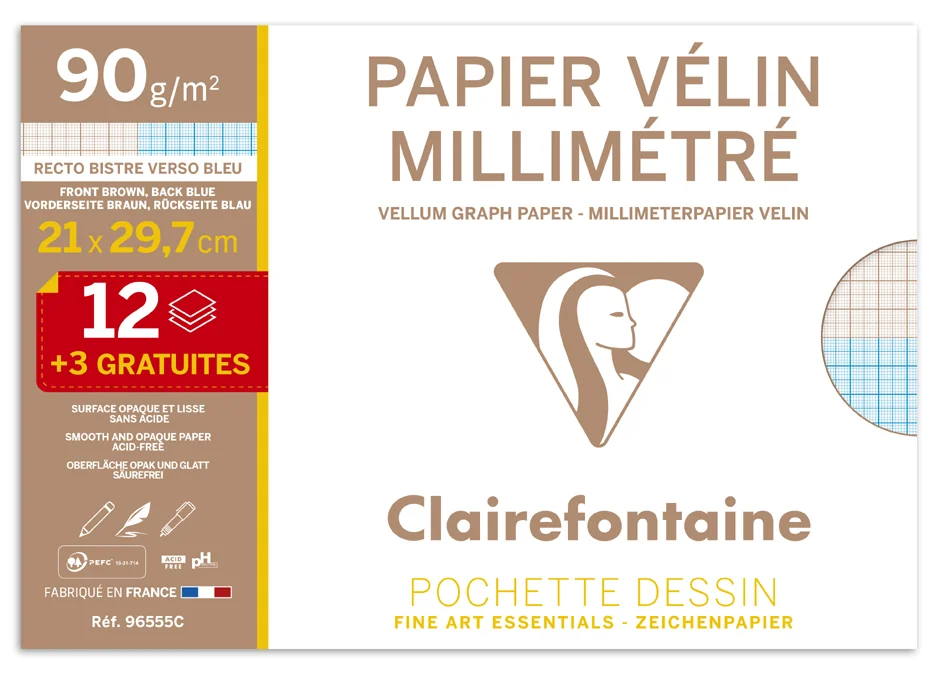 Clairefontaine Papier vélin millimétré, A4, pack promo - OEM 96555C