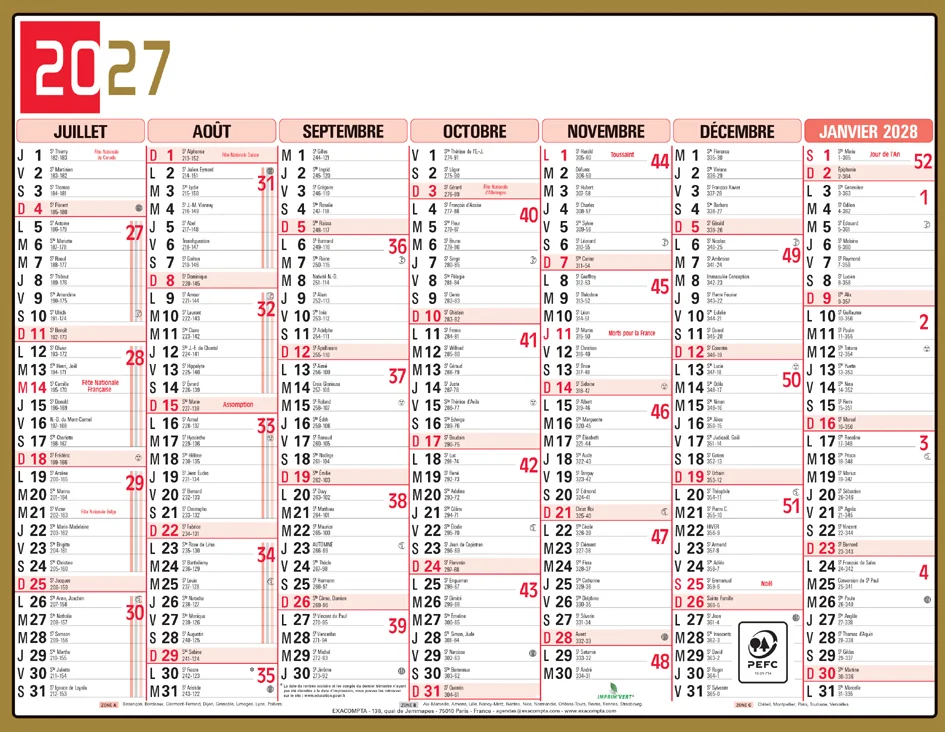 EXACOMPTA Calendrier tricolore neutre, 295 x 220 mm, 2027 - OEM 34311E