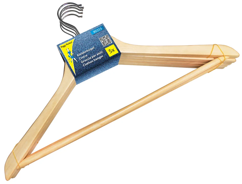 Peggy Perfect Cintre en bois avec barre, paquet de 5, nature - OEM 90355