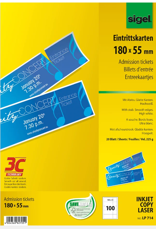 sigel Billet d'entrée, 180 x 55 mm, imprimable, extra blanc - OEM LP714