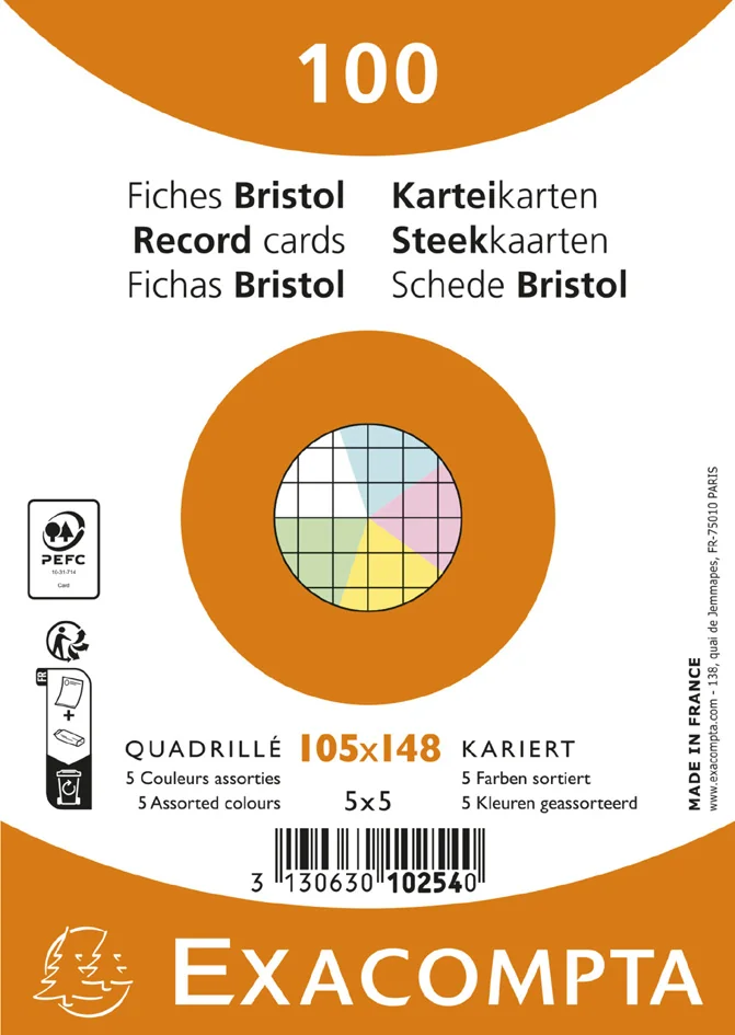 EXACOMPTA Fiches bristol, A6, uni, assorti - OEM 10554E