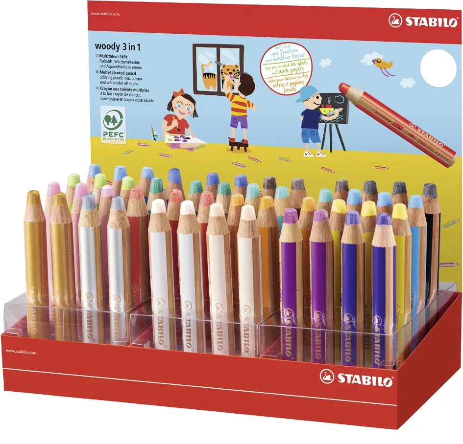 STABILO Crayon multi-talents woody 3 en 1, présentoir de 48 - OEM 880/48-1