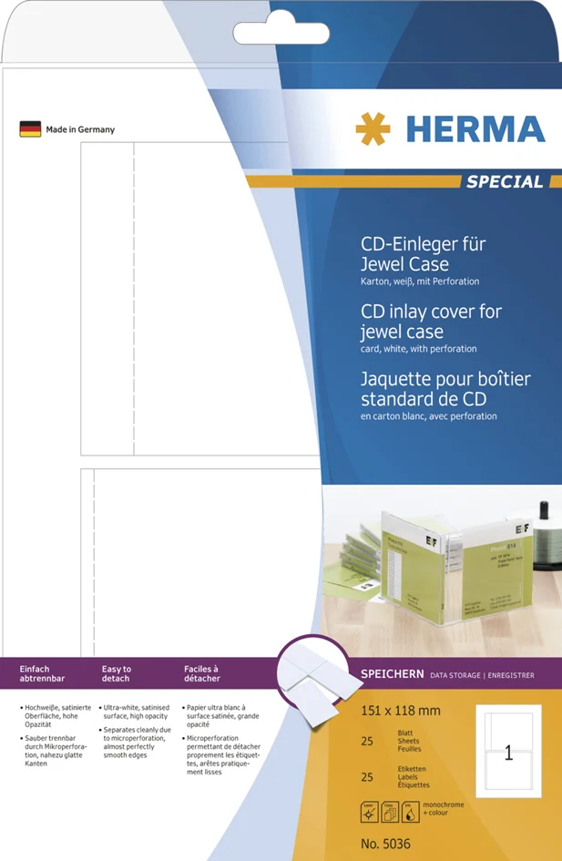 HERMA Jaquette pour boîtier standard de CD, 151 x 118 mm - OEM 5036