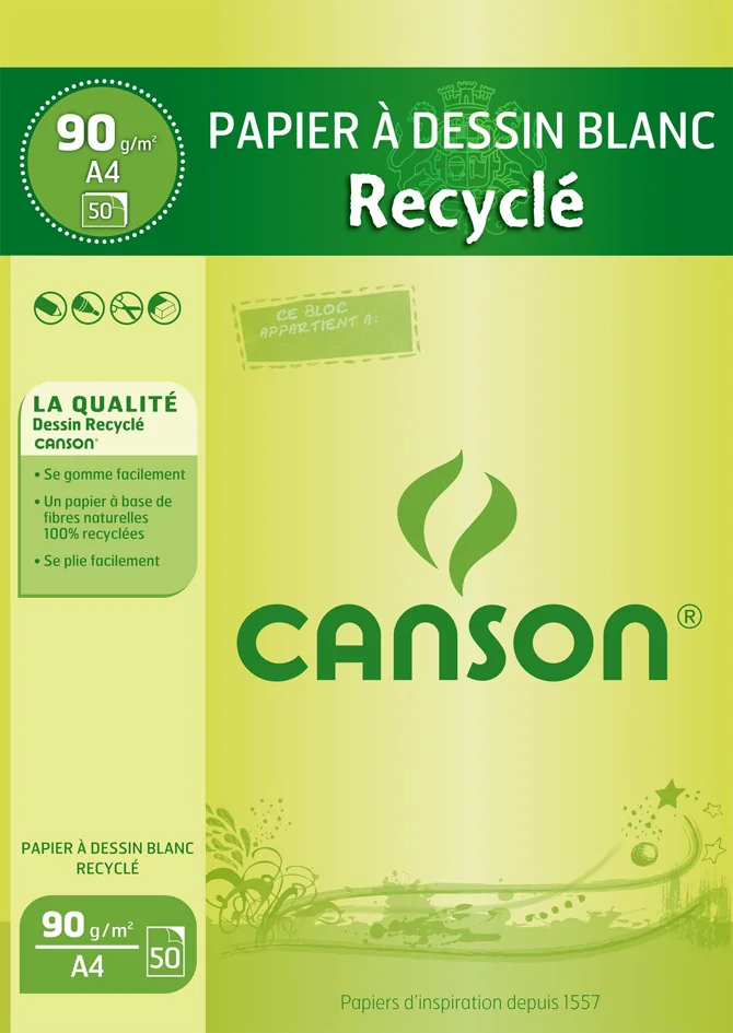CANSON Bloc de papier à dessin recyclé, A4, 90 g/m2, blanc - OEM C200001093