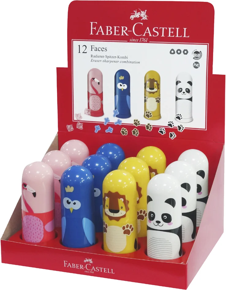 FABER-CASTELL Combi gomme - taille-crayon Faces, présentoir - lot de 12 - OEM 583513