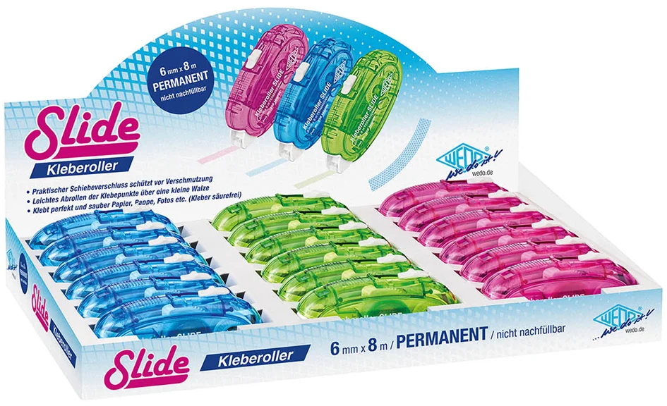 WEDO Roller de colle SLIDE, 6 mm x 8 m, présentoir de 18 - lot de 18 - OEM 258 160899