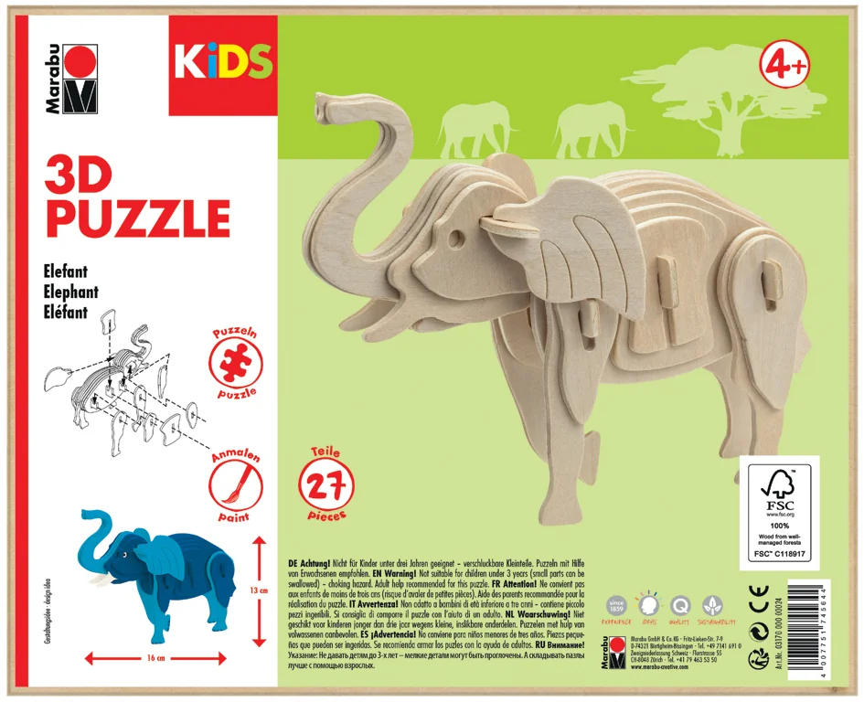 Marabu KiDS Puzzle 3D 'Eléphant', 27 pièces - OEM 0317000000024